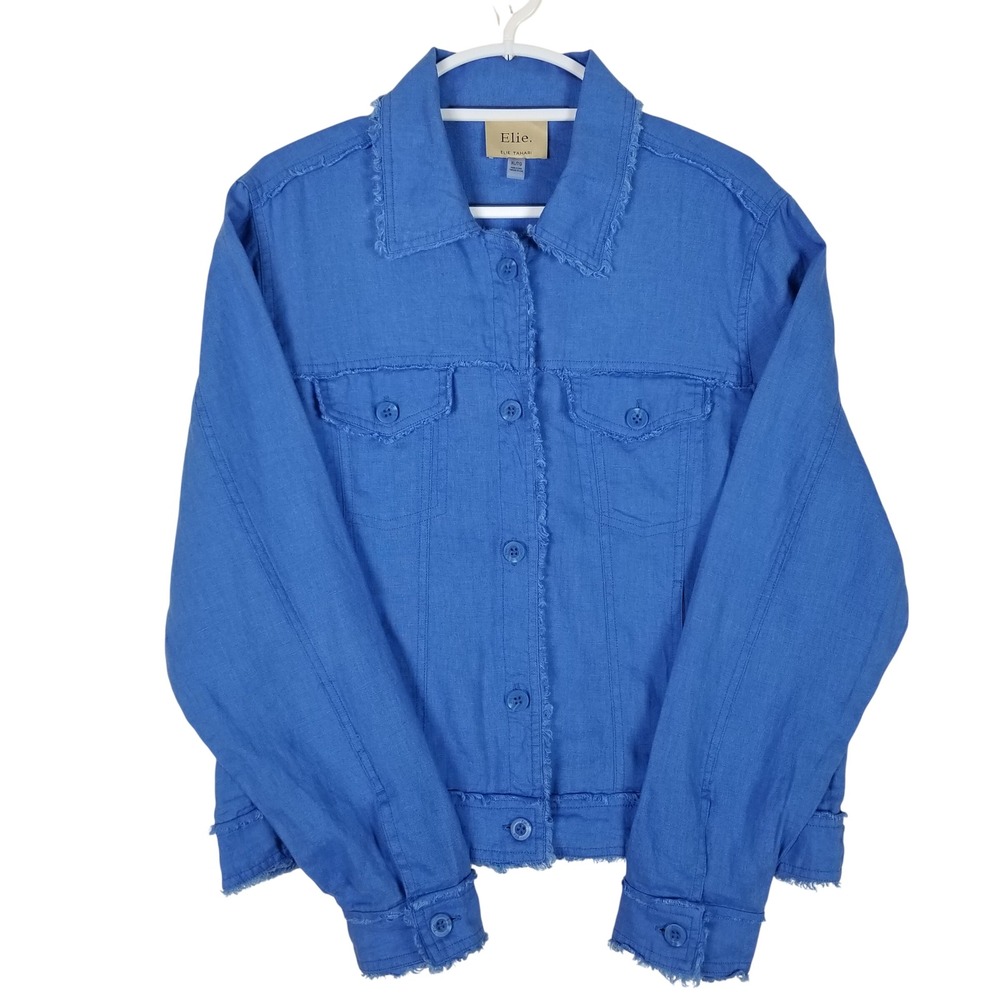 Elie Tahari Jacket Women XL Blue 100% Linen Frayed Raw Edge Trucker Button Front